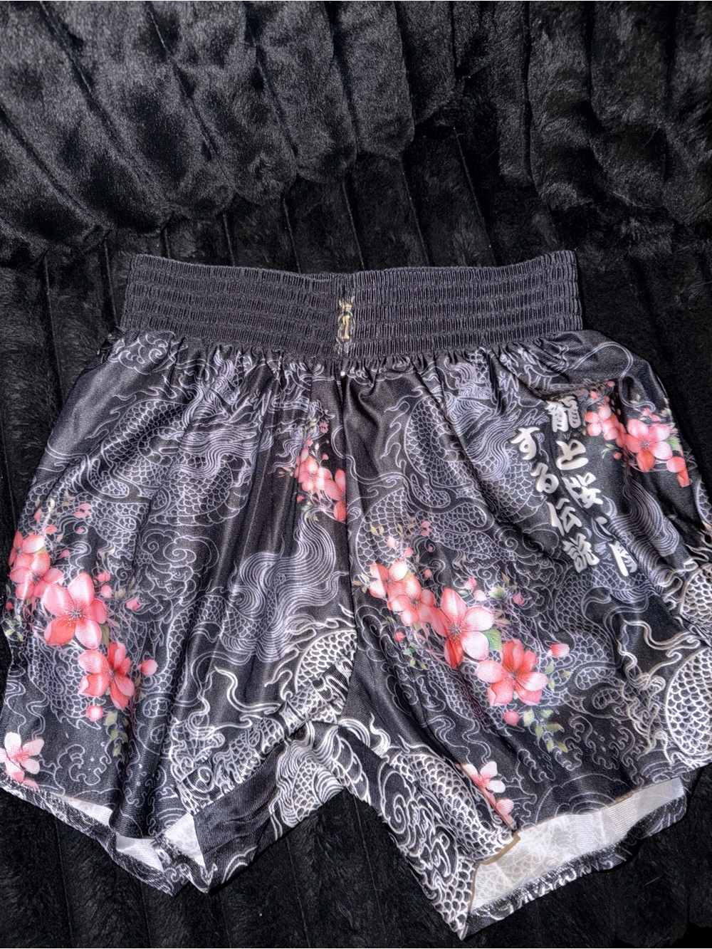 Black Floral Dragon Print Muay Thai Shorts